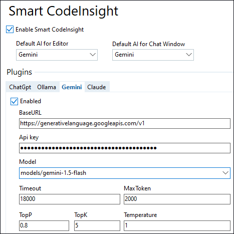 Delphi Gemini AI settings