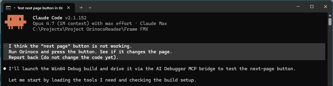 Claude Code receiving the prompt to run the Delphi app and test the Next-page button