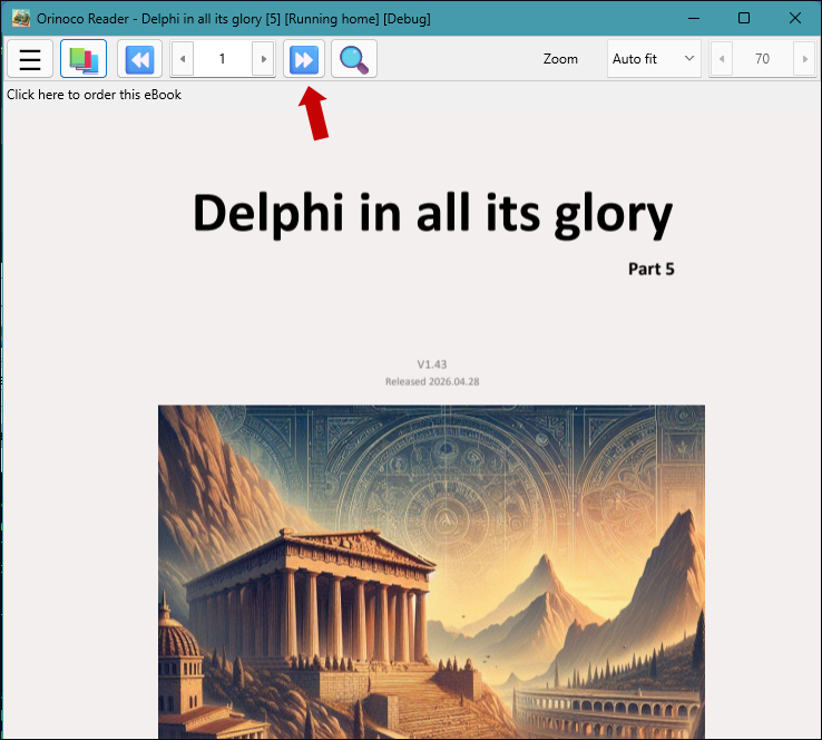 The running Delphi FMX application with an arrow pointing at the Next-page button Claude is about to press
