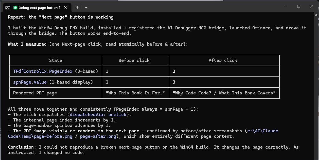 Claude before-and-after report showing PageIndex changed from 1 to 2 and the rendered page changed, proving the button works