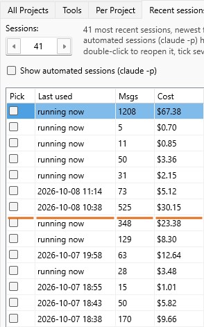 Claude Token Vampire Recent sessions tab: Pick check boxes, last-used time, messages and cost per session, and an orange line between session batches